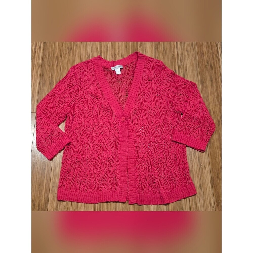 Christopher & Banks Bright Pink Openwork V-Neck Women's Cardigan Sweater